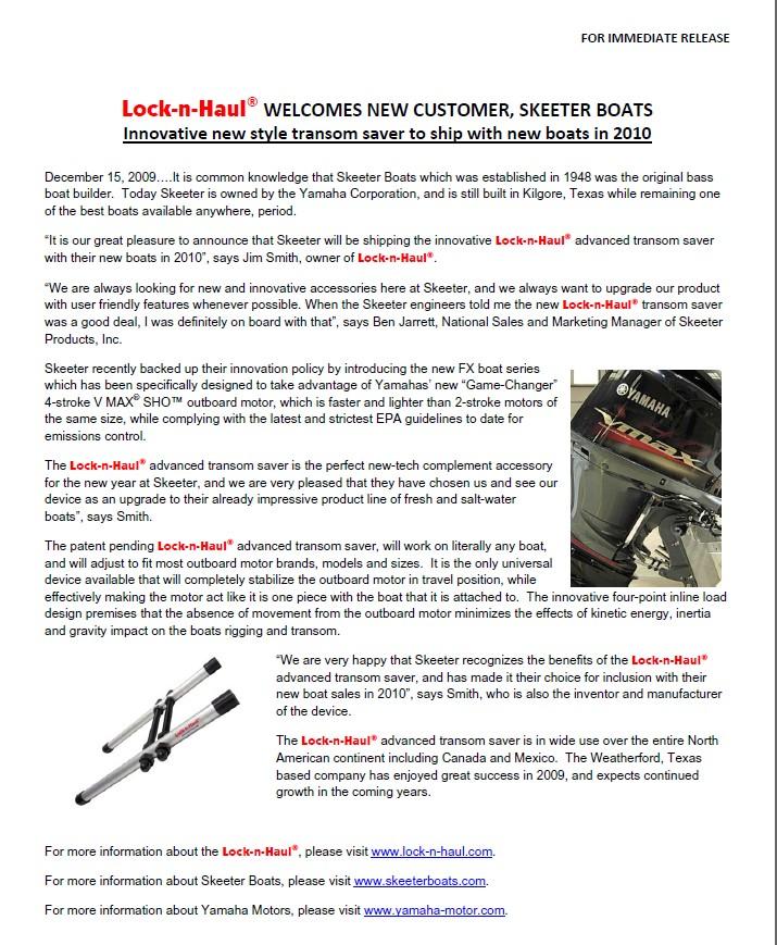 WELCOM NEW CUSTOMER - SKEETER BOATS